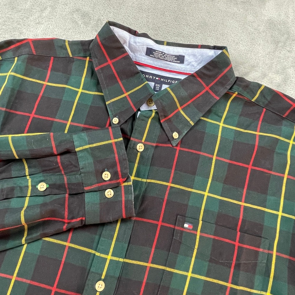 Vintage Tommy Hilfiger Mens XXL Green Red Yellow Plaid Button Down Shirt 2002